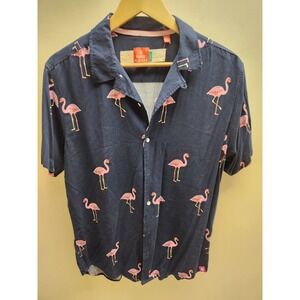 Free Planet Mens Flamingo Print Short Sleeve Button Down Shirt Navy Blue Large